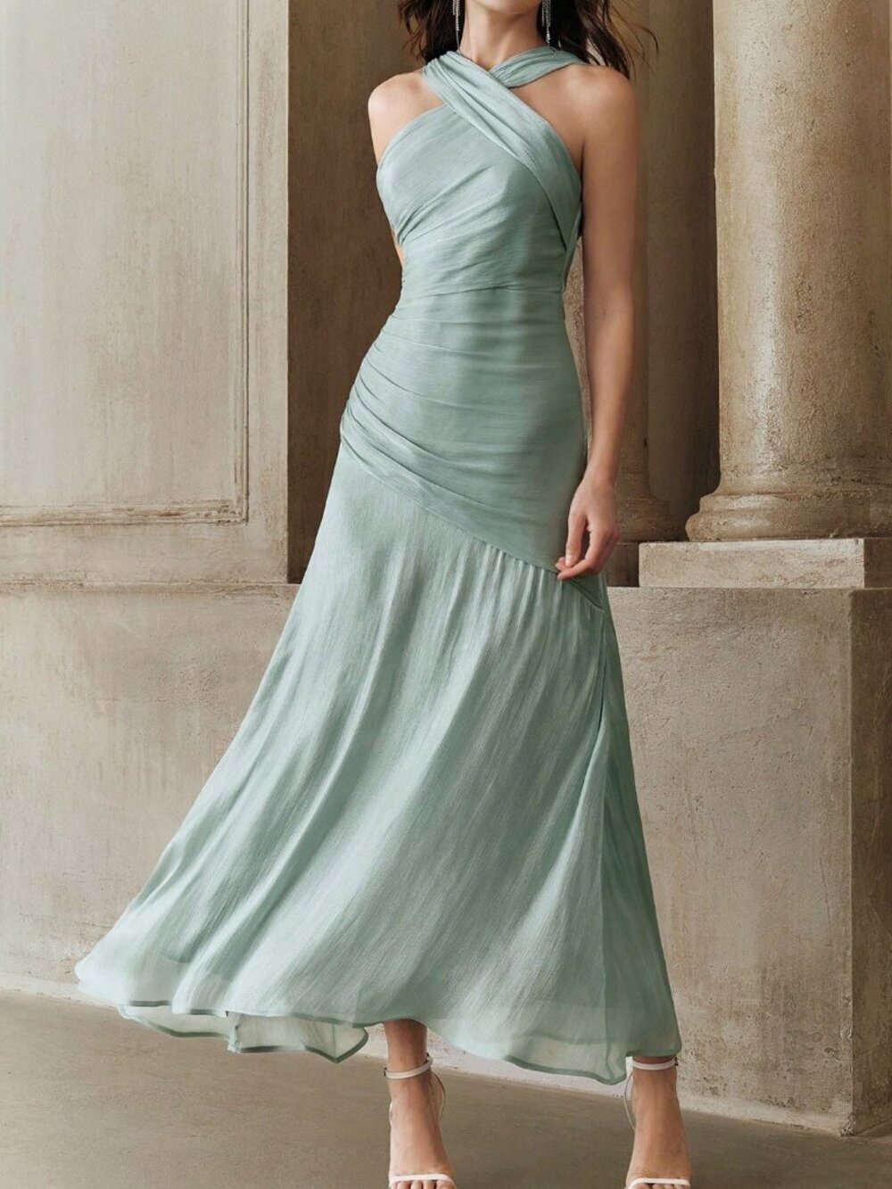 Baby Blue Elegant Women's Pleated Cross V-Neck A-Line Dress